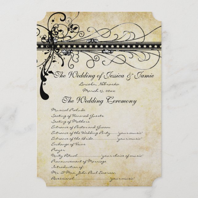 Black Funky Elegant Swirls Wedding Program (Front)