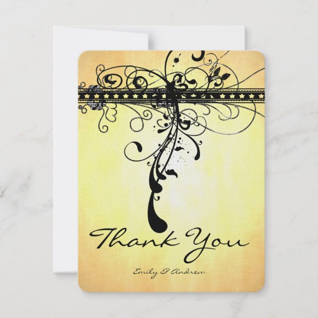 Black Funky Elegant Swirls Wedding Thank You Card (Front)