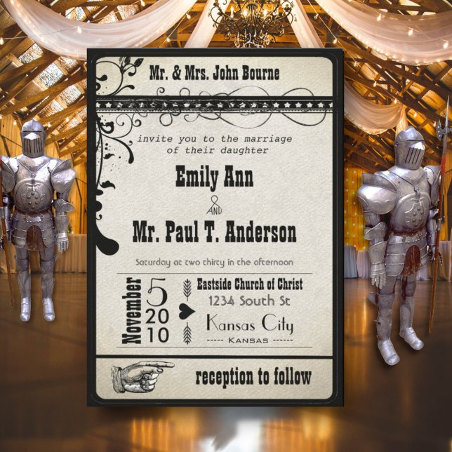 Black Funky Renaissance Medieval Playbill Wedding Invitation (Creator Uploaded)