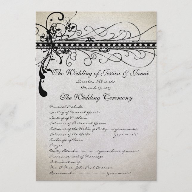 Black Funky Stines Lights Swirls Wedding Program (Front)