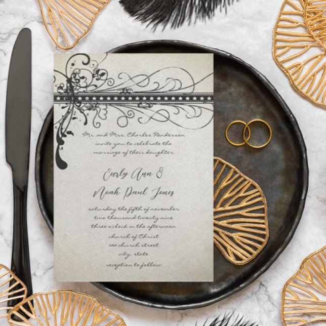 Black Funky Textured Elegant Swirls Invitations (Creator Uploaded)