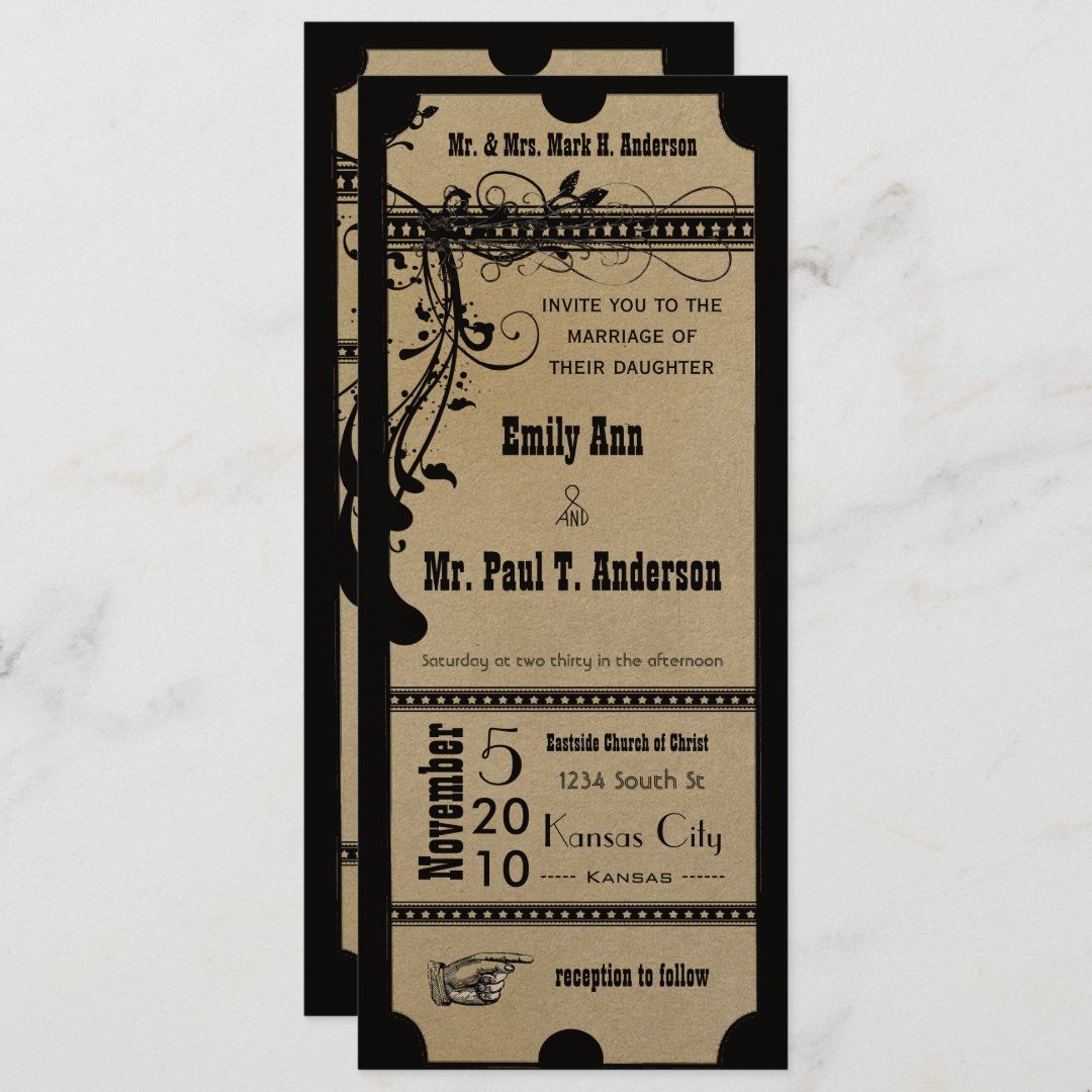 Black Funky Textured Playbill Swirls Wedding Invitation | Zazzle