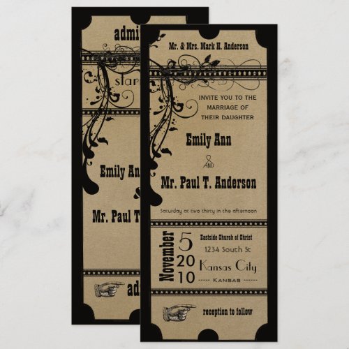 Black Funky Textured Playbill Swirls Wedding Personalized Invitation