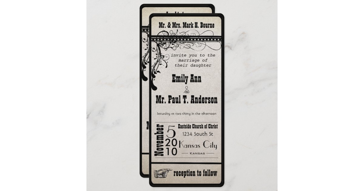 Black Funky Textured Showbill Swirls Wedding Invitation 