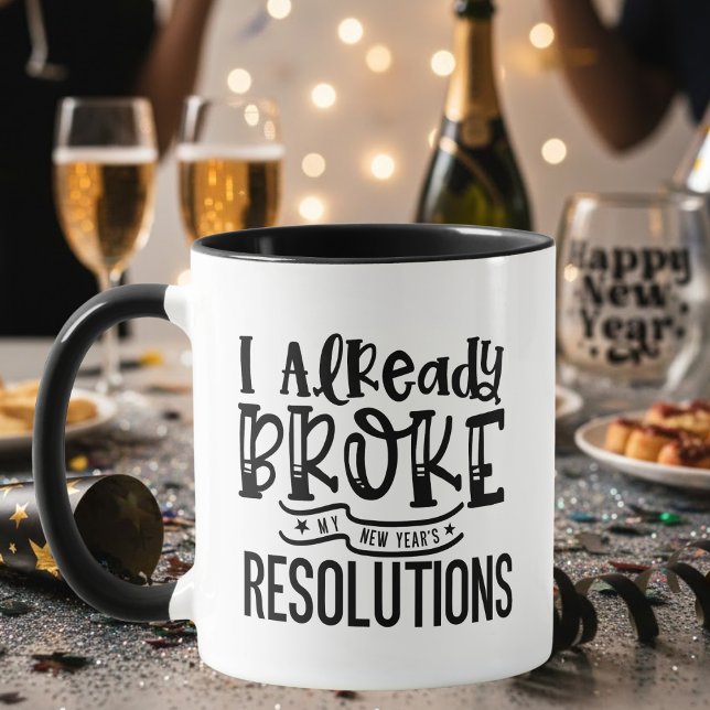 Black Funny Broke New Year Resolutions Typography Mug (Creator Uploaded)