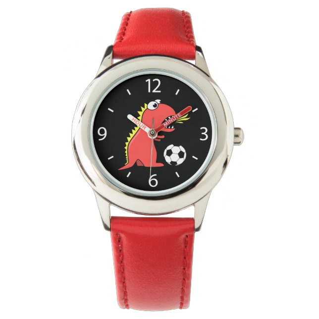 Black Funny Cartoon Dinosaur Soccer Watch (Front)