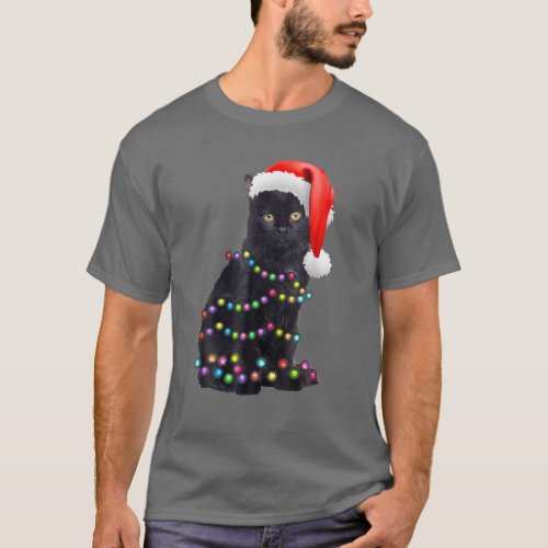 Black Funny Cat Christmas Light Cat Lover Christma T_Shirt