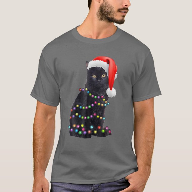 Black Funny Cat Christmas Light Cat Lover Christma T-Shirt (Front)