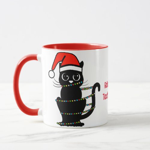Black Funny Cat Christmas Light Santa Hat Mug