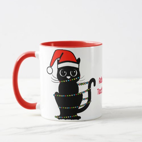 Black Funny Cat Christmas Light Santa Hat Red Mug