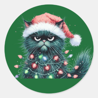 Black funny Christmas cat Classic Round Sticker