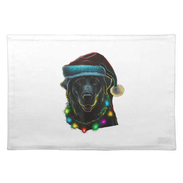 black Funny dog Christmas Santa Hat lights tree ho Cloth Placemat (Front)