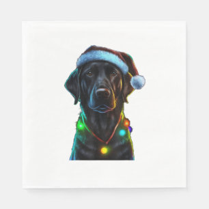 Black Funny dog Christmas Santa Hat lights tree Napkins