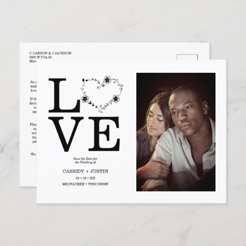 Black Funny Floral Love Heart Custom photo Couple Announcement Postcard