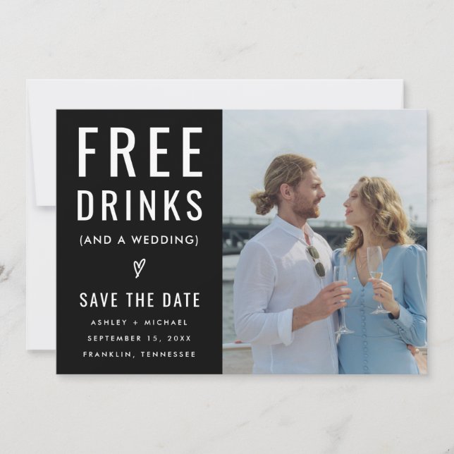 Black Funny Free Drinks Photo Qr Code Wedding  Save The Date (Front)