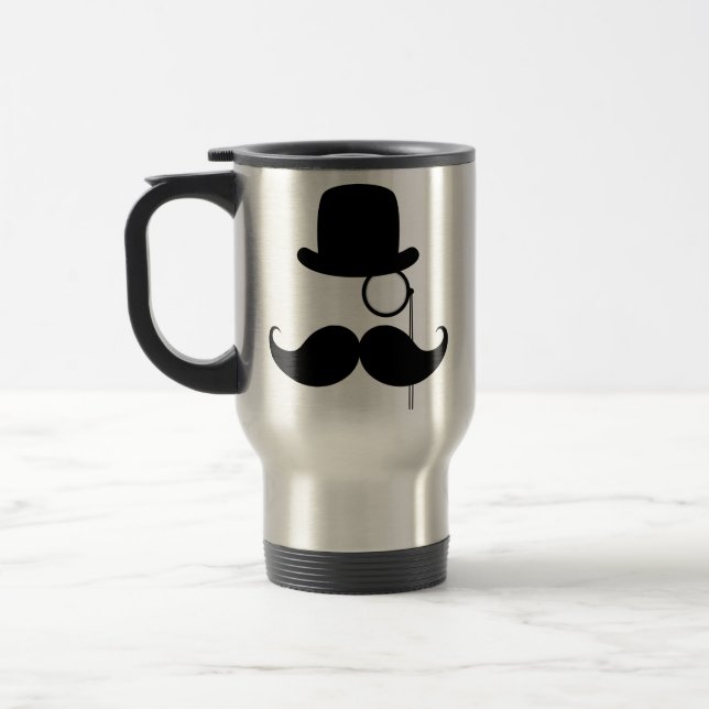Black Funny Handlebar Mustache Man Travel Mug (Left)