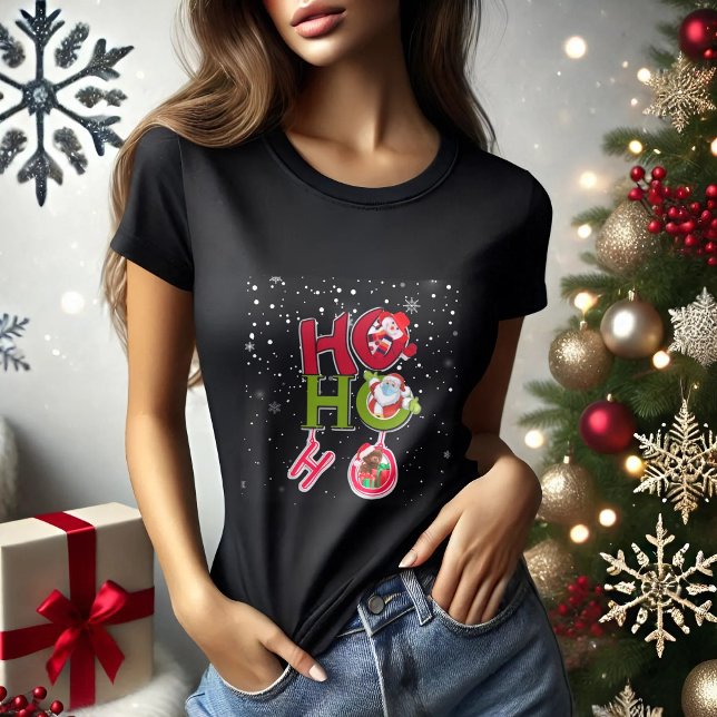Black Funny HO HO HO Retro Christmas Party T-Shirt (Creator Uploaded)