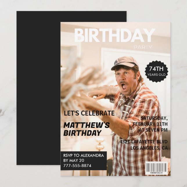 Black Funny Magazine Cover Photo 74th birthday Invitation (Front/Back)