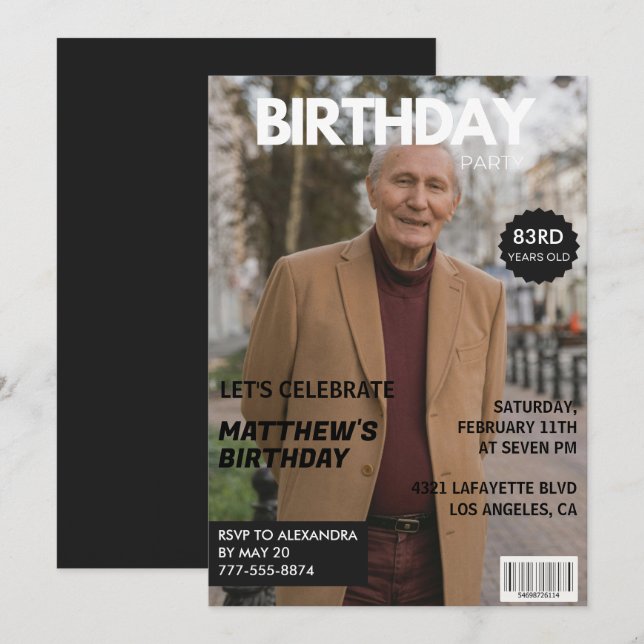 Black Funny Magazine Cover Photo 83rd birthday Invitation (Front/Back)