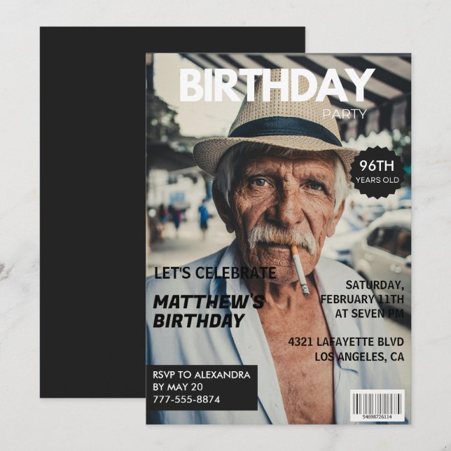 Black Funny Magazine Cover Photo 96th birthday Invitation (Front/Back)