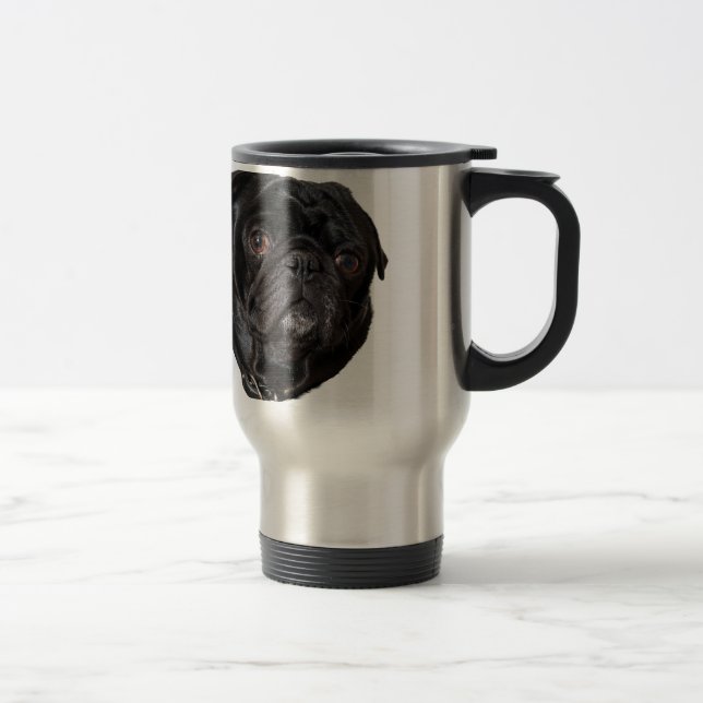 Black Funny Pug Travel Mug (Right)