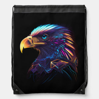 Black Futuristic Neon Eagle Drawstring Bag