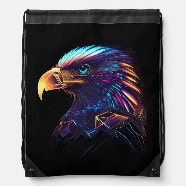 Black Futuristic Neon Eagle Drawstring Bag (Front)