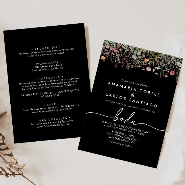 Black Galant Wildflower Spanish Front & Back Boda Invitation (Creator Uploaded)