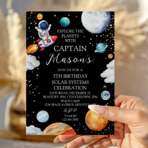 Black Galaxy Captain Rocket Adventure Kids Bday Invitation