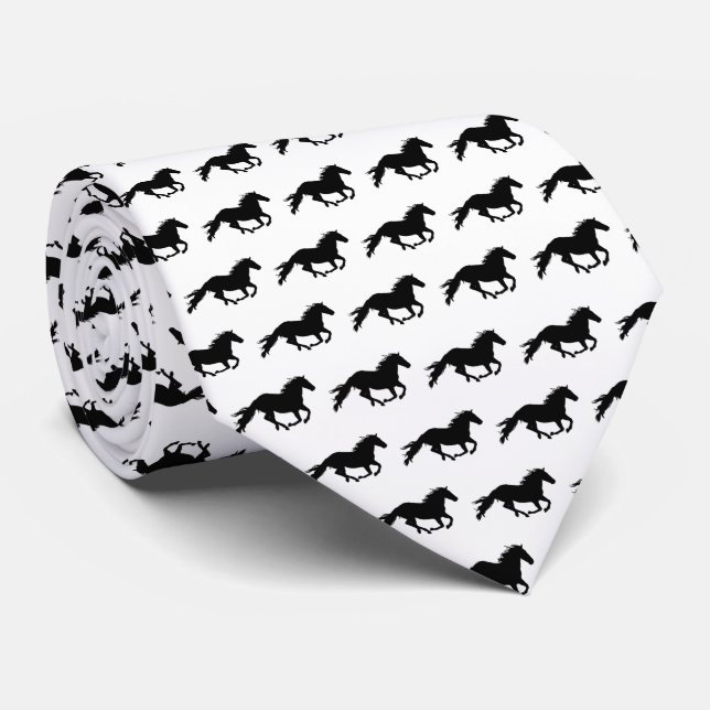Black Galloping Horse | White Neck Tie (Rolled)