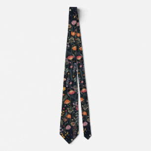 black Garden Flowers Wildflower Spring Meadow Neck Tie
