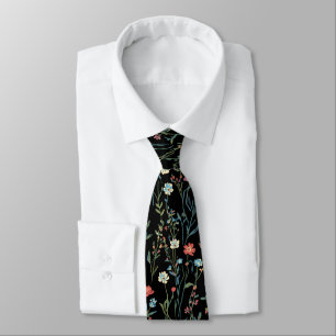 black Garden Flowers Wildflower Spring Meadow Neck Tie
