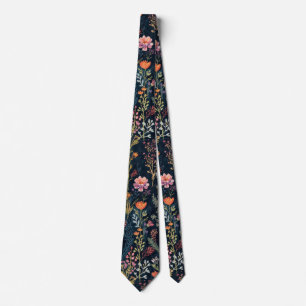 black Garden Flowers Wildflower Spring Meadow Neck Tie