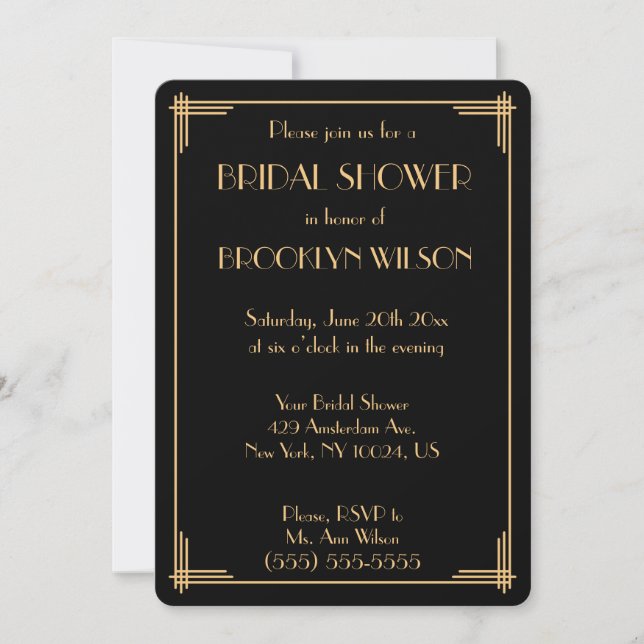 Black Gatsby Art Deco Bridal Shower Invites (Front)