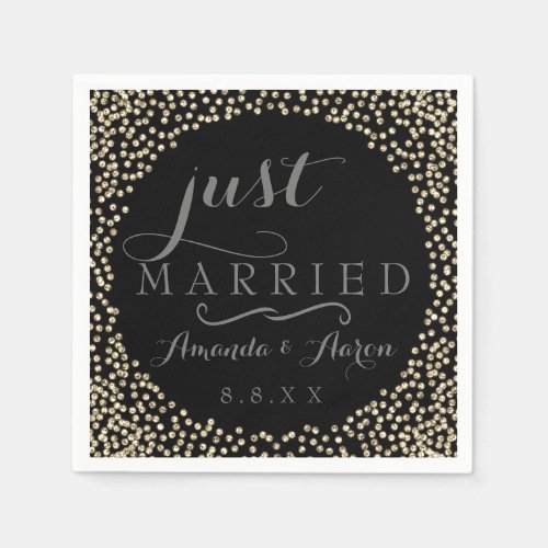 Black Gay Faux Gold Confetti Wedding Just Married Napkins