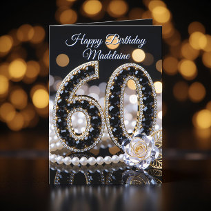Black Gems White Rose and Pearls 60th Birthday Card