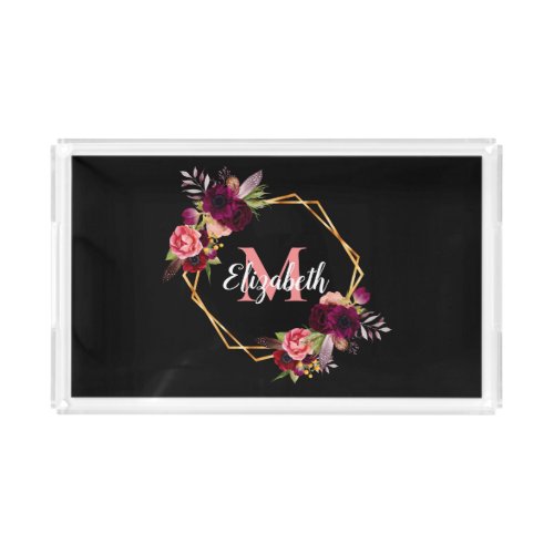 Black geometric burgundy floral monogram acrylic tray