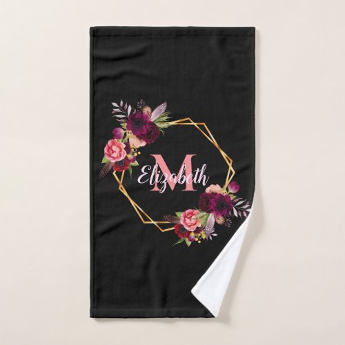 Black geometric burgundy florals monogram bath towel set