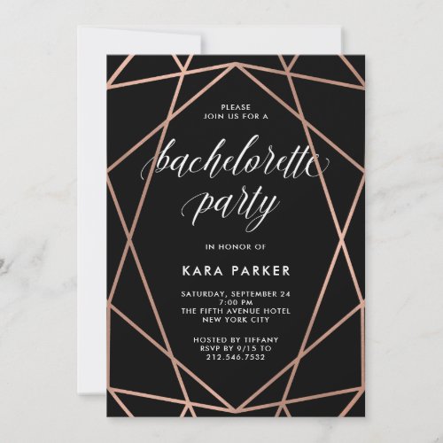 Black Geometric Faux Rose Gold Bachelorette Party Invitation