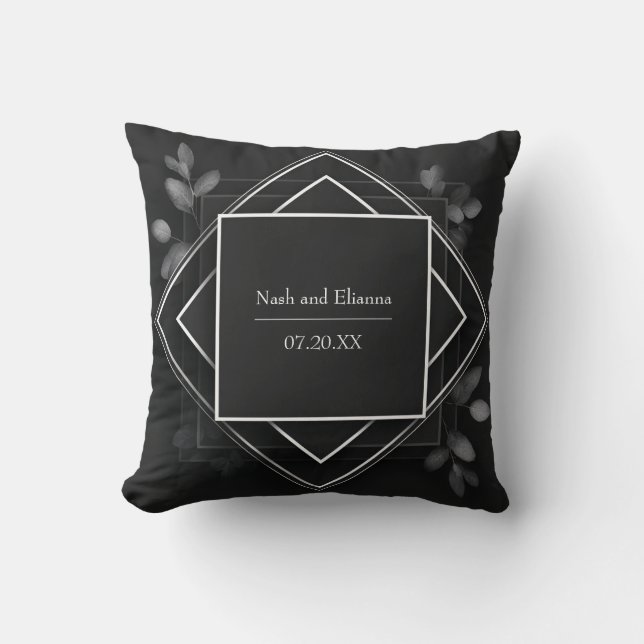 Black Geometric Frame Silver Eucalyptus Leaf Throw Pillow (Front)