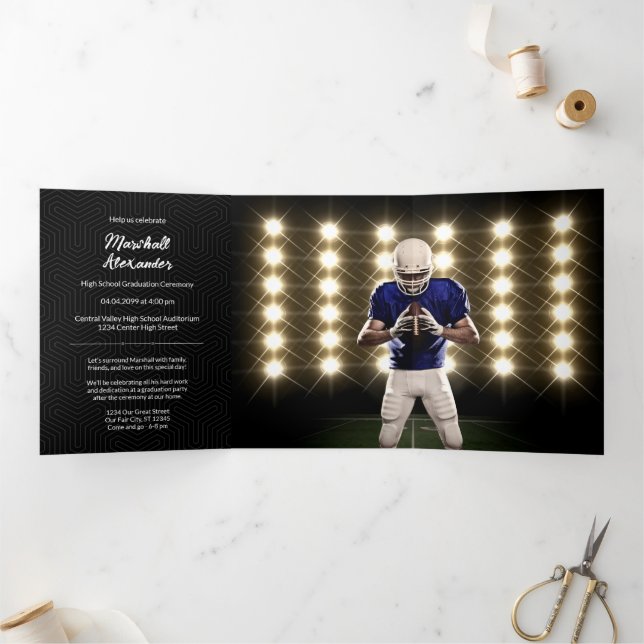 Black Geometric Graduation Photo Tri-Fold Invitation (Inside)
