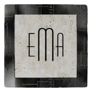 Black Geometric Metallic Modern Frame & Monogram Trivet