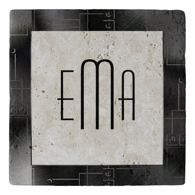 Black Geometric Metallic Modern Frame & Monogram Trivet (Front)