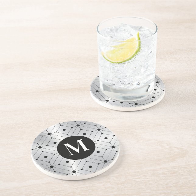 Black geometric pattern silver metallic background coaster (Side)