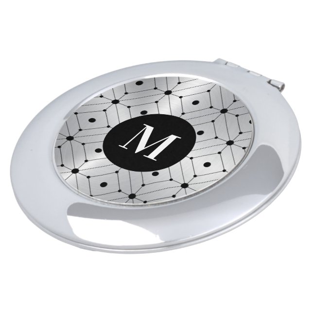 Black geometric pattern silver metallic background compact mirror (Turned)