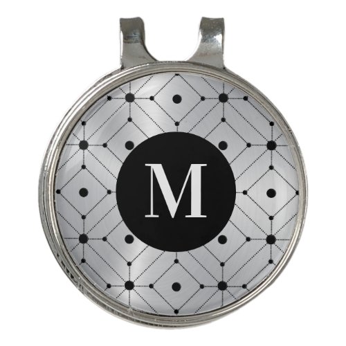 Black geometric pattern silver metallic background golf hat clip