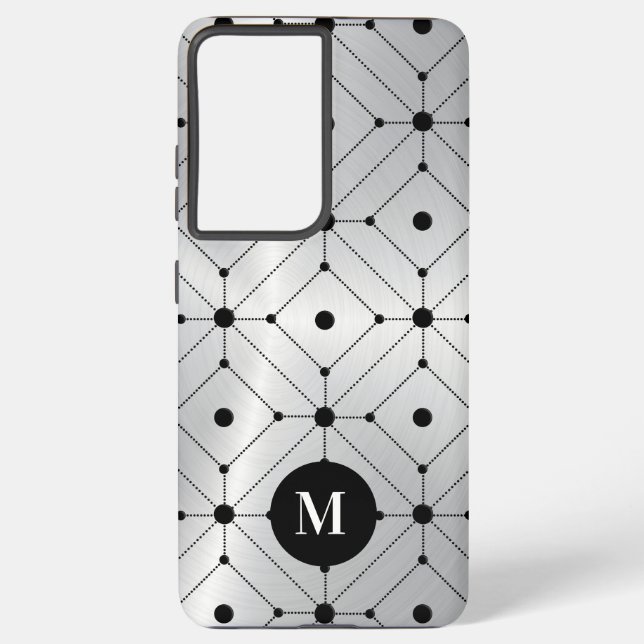 Black geometric pattern silver metallic background samsung galaxy case (Back)