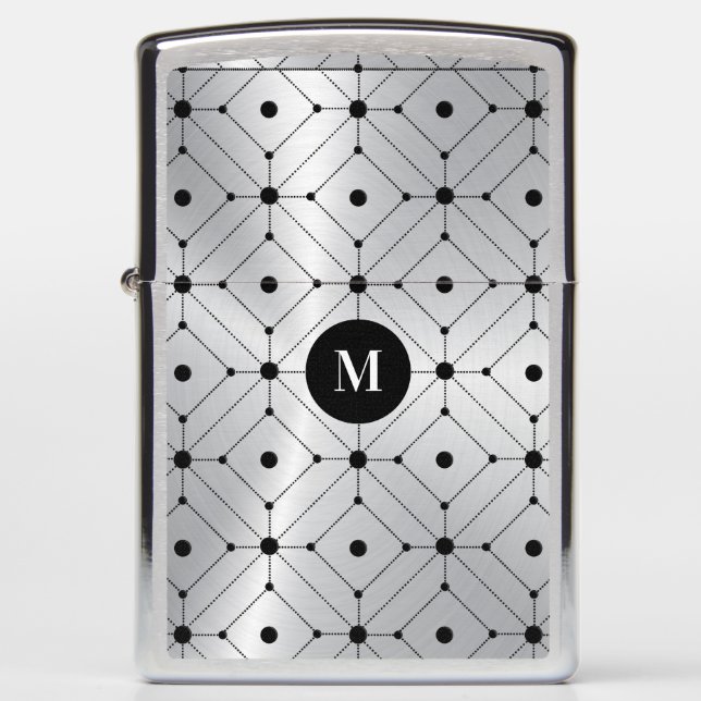 Black geometric pattern silver metallic background zippo lighter (Front)