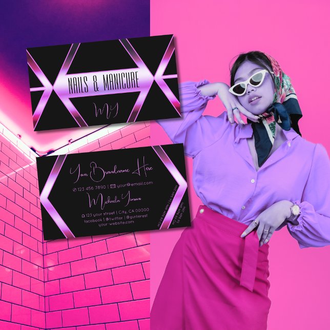 Black Geometric Pink Purple Shimmer with Monogram Business Card (Creator Uploaded)