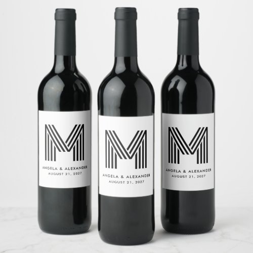 Black Geometric Retro Wedding Monogram Wine Label